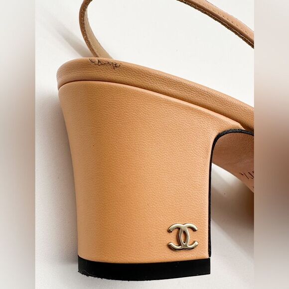 CHANEL Slingback Cap Toe Beige & Black Heels Leather Pumps EU 37.5 US 6.5-7 - Picture 7 of 15